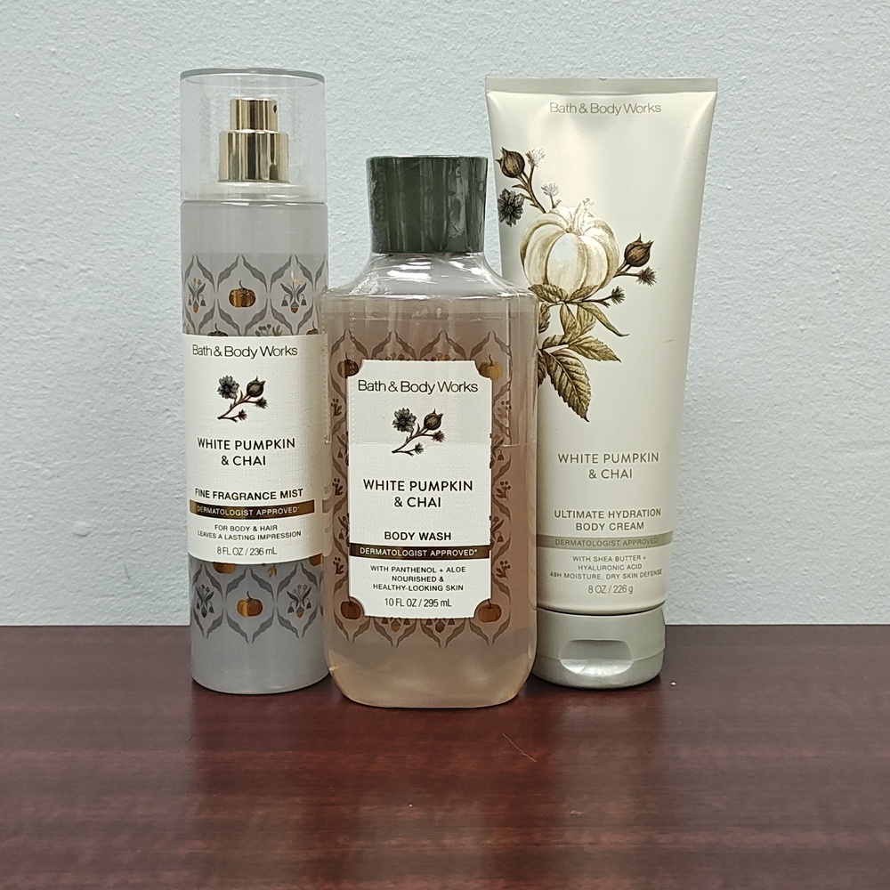 Bath & Body Works WHITE PUMPKIN & CHAI 3 Piece Body Care Bundle Set